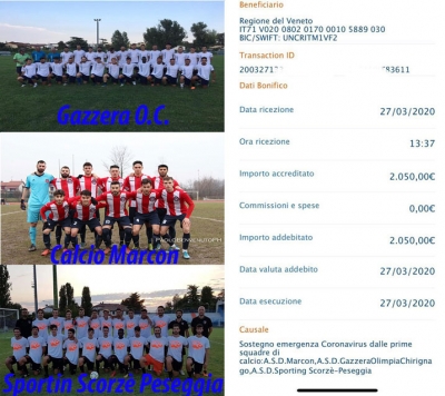 Donazione Covid-19 Calcio Marcon, Calcio GOC Gazzera Olimpia Chirignago, ASD Sporting Scorzè-Peseggia